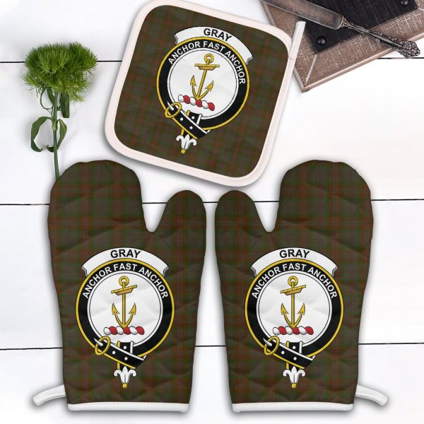 Gray Tartan Crest Oven Mitt And Pot Holder (2 Oven Mitts + 1 Pot Holder) Fashion