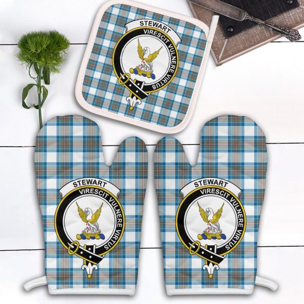 Stewart Muted Blue Tartan Crest Oven Mitt And Pot Holder (2 Oven Mitts + 1 Pot Holder) Sale
