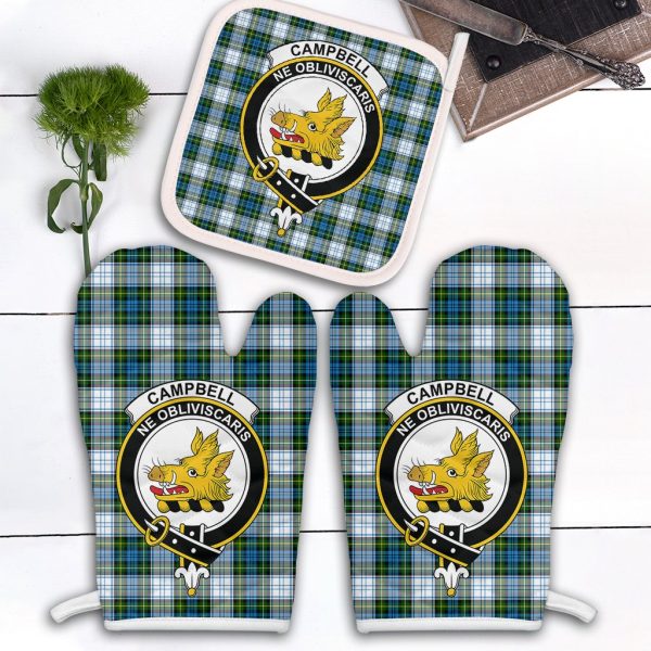 Campbell Dress Tartan Crest Oven Mitt And Pot Holder (2 Oven Mitts + 1 Pot Holder) For Sale