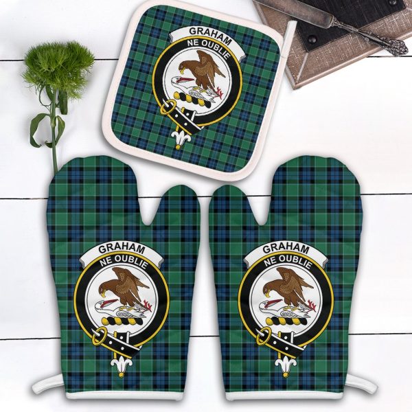 Graham Of Menteith Ancient Tartan Crest Oven Mitt And Pot Holder (2 Oven Mitts + 1 Pot Holder) Cheap