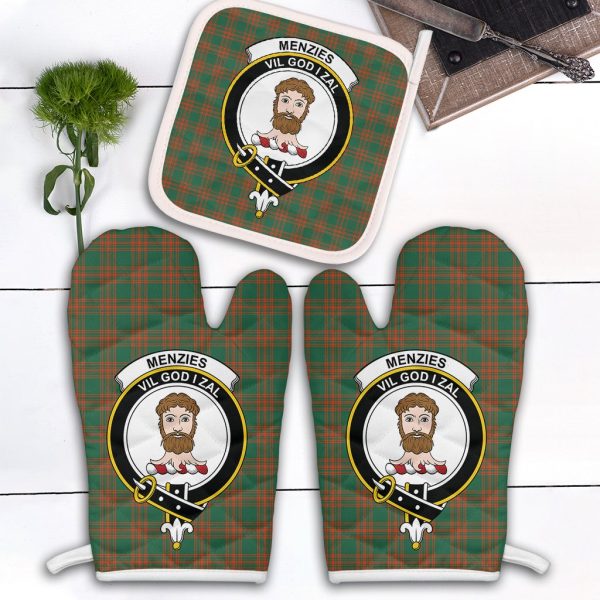 Menzies Green Ancient Tartan Crest Oven Mitt And Pot Holder (2 Oven Mitts + 1 Pot Holder) Online