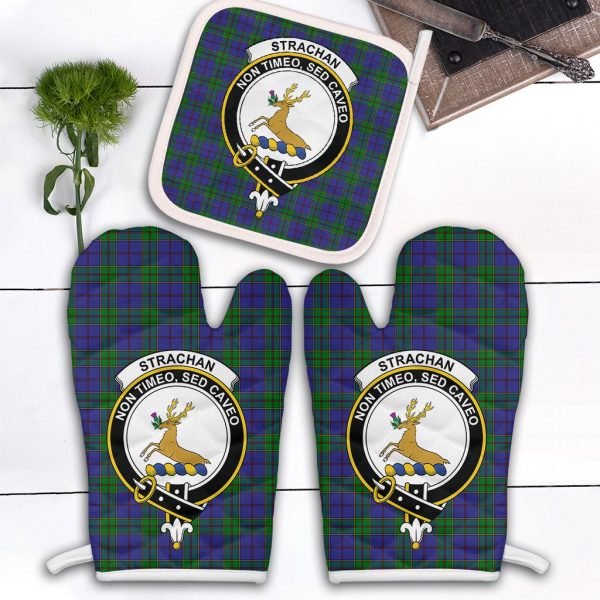 Strachan Tartan Crest Oven Mitt And Pot Holder (2 Oven Mitts + 1 Pot Holder) For Discount