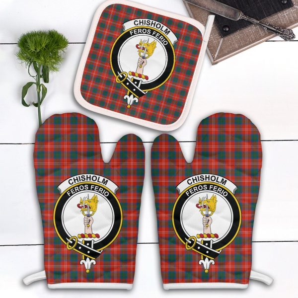 Chisholm Ancient Tartan Crest Oven Mitt And Pot Holder (2 Oven Mitts + 1 Pot Holder) Supply