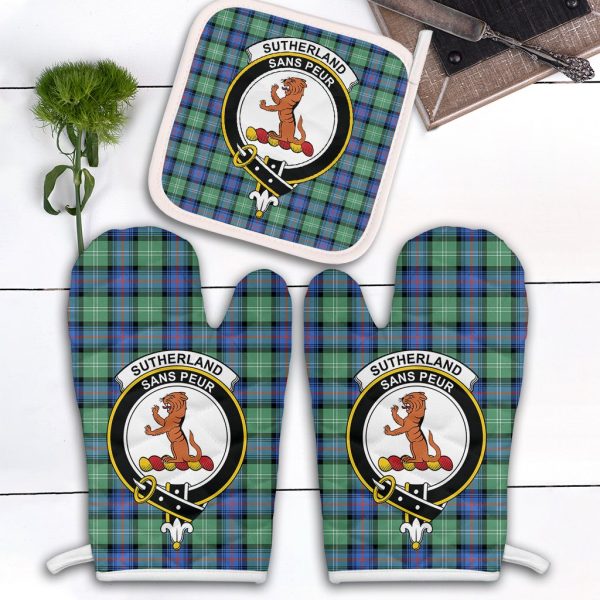 Sutherland Old Ancient Tartan Crest Oven Mitt And Pot Holder (2 Oven Mitts + 1 Pot Holder) Online now