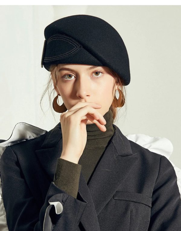 Vintage Wool Felt Cloche Hat Wide Brim Bowler Fedora with Bow Cap Online - Image 2